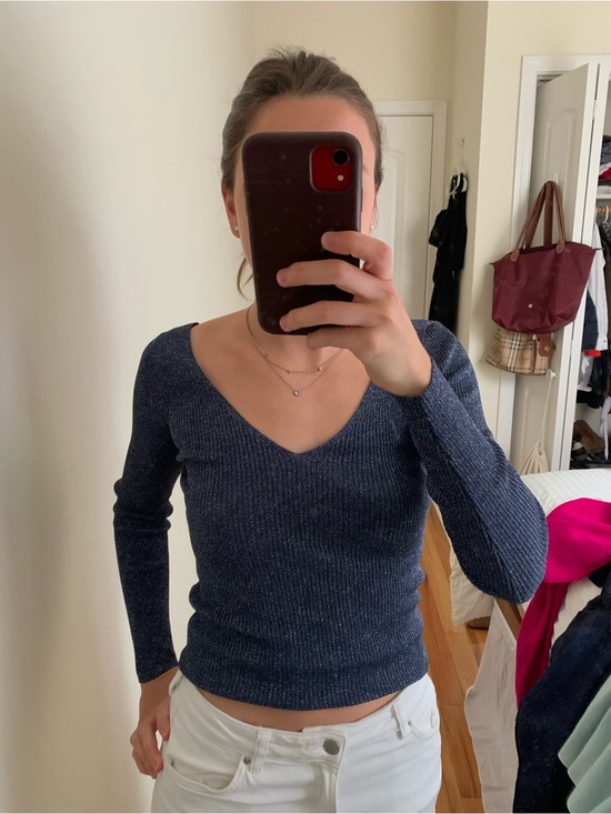Mango Tops - Mango Navy Ribbed V-Neck Long Sleeve Top